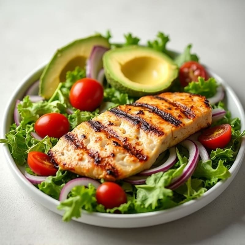 Crisp Greens and Creamy Avocado Salad with Grilled Chicken