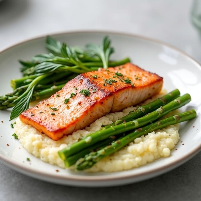 Seared Salmon with Steamed Asparagus and Cauliflower Mash