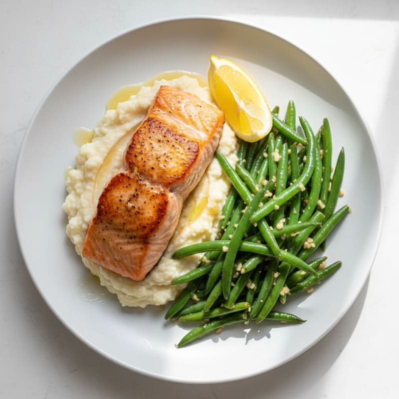 Seared Salmon with Garlic Green Beans and Cauliflower Mash