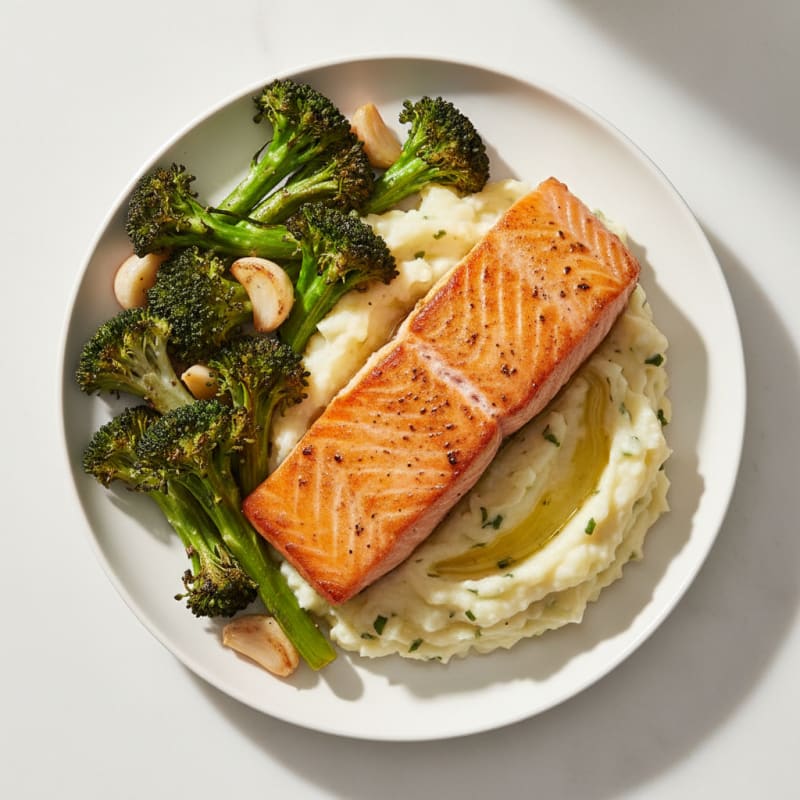 Seared Salmon with Roasted Broccoli and Garlic Mash