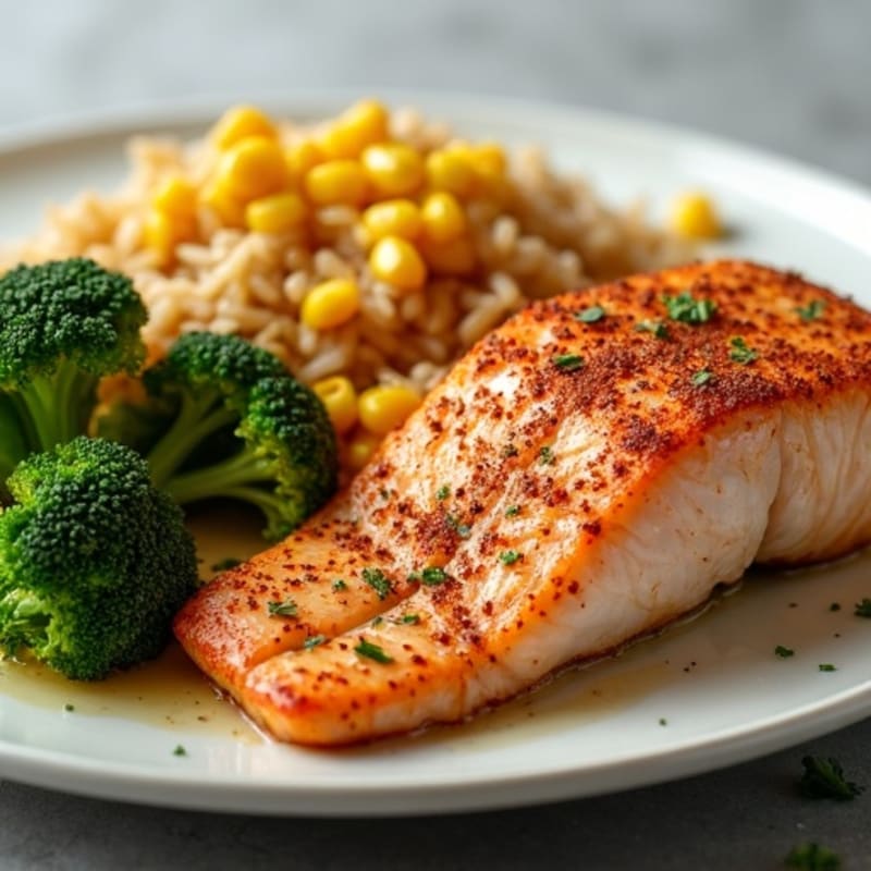 Spice-Crusted Salmon with Creamy Rice, Roasted Broccoli, and Zesty Corn