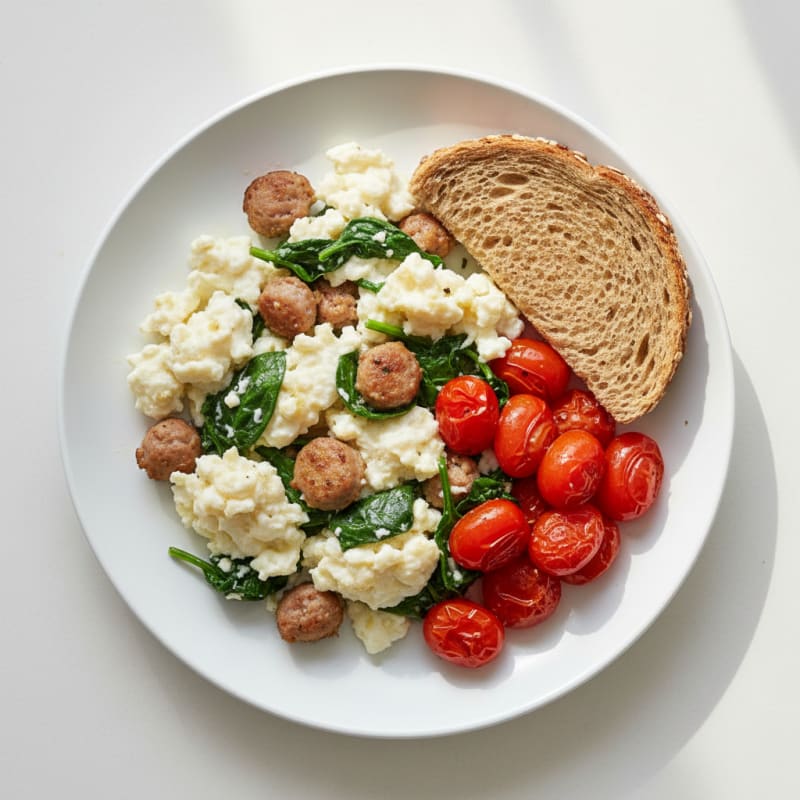 Egg White and Turkey Sausage Scramble with Spinach and Roasted Tomato