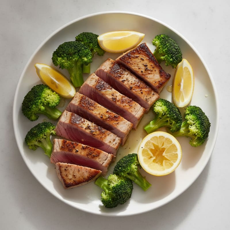 Seared Tuna Steak with Steamed Broccoli and Lemon