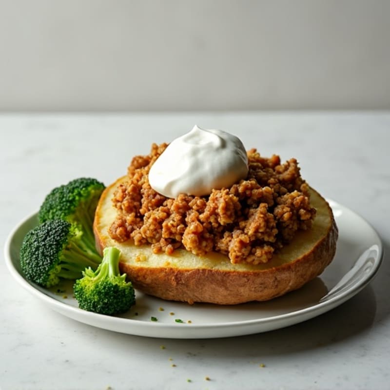 Crispy Baked Potato with Lean Ground Turkey, Steamed Broccoli, and Creamy Greek Yogurt