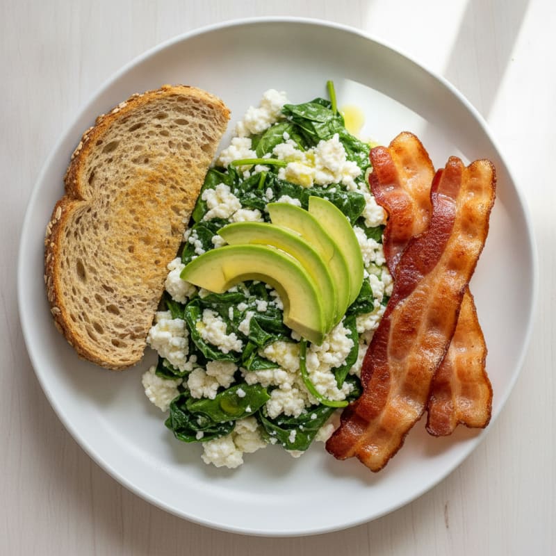 Egg White and Spinach Scramble with Cottage Cheese and Turkey Bacon