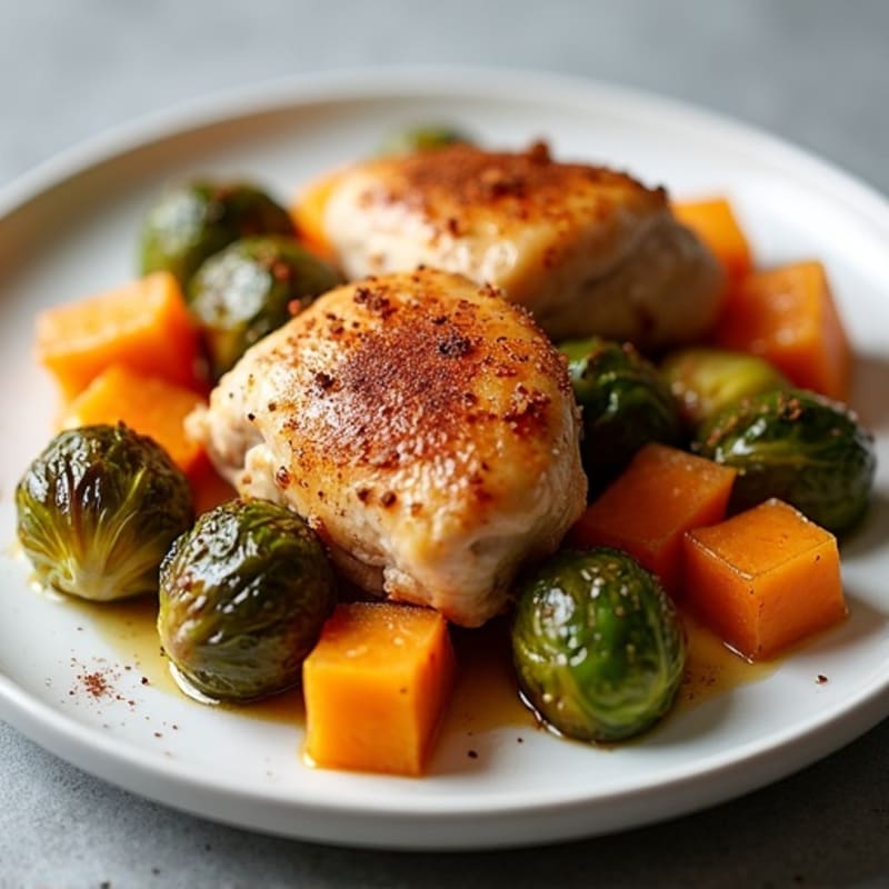 Roasted Chicken Thighs with Cinnamon-Spiced Sweet Potatoes and Crispy Brussels Sprouts