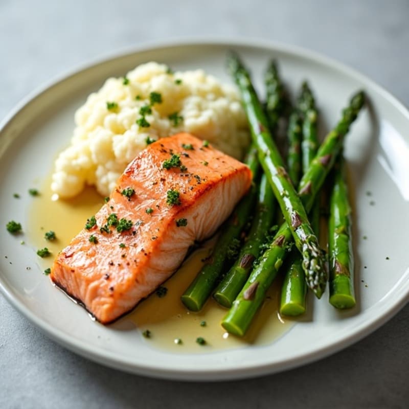 Seared Salmon Fillet with Steamed Asparagus and Garlic Mashed Cauliflower