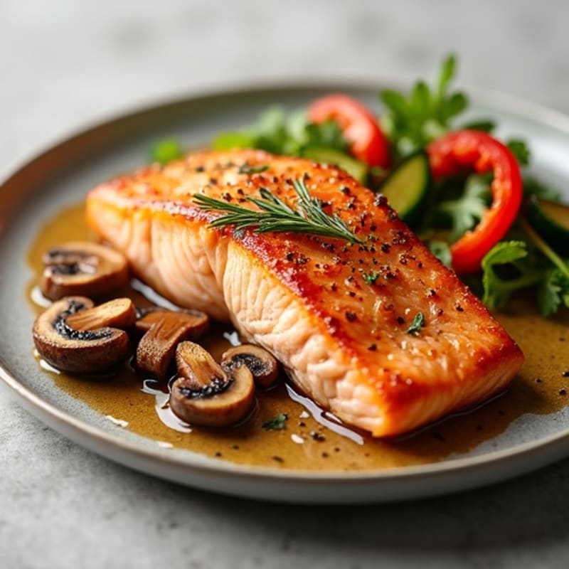 Flaky Roasted Salmon with Savory Sautéed Mushrooms and Crispy Roasted Vegetables