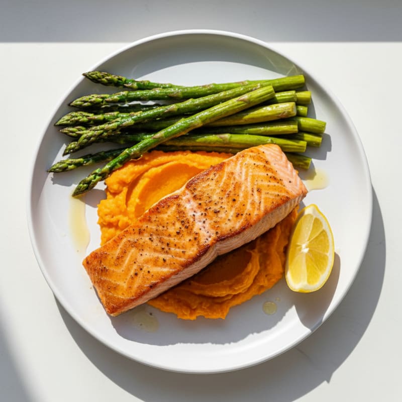 Seared Salmon with Roasted Asparagus and Sweet Potato Mash