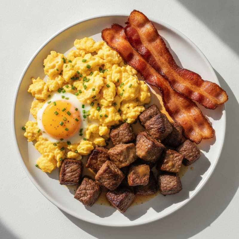 Scrambled Eggs with Crispy Bacon and Sautéed Steak Bites
