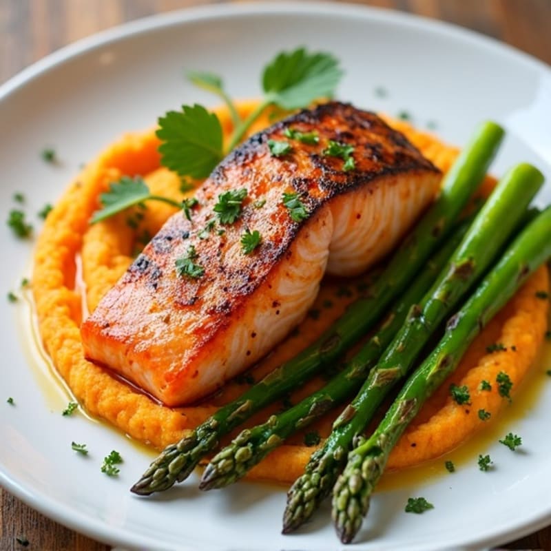 Seared Salmon with Roasted Asparagus and Sweet Potato Mash