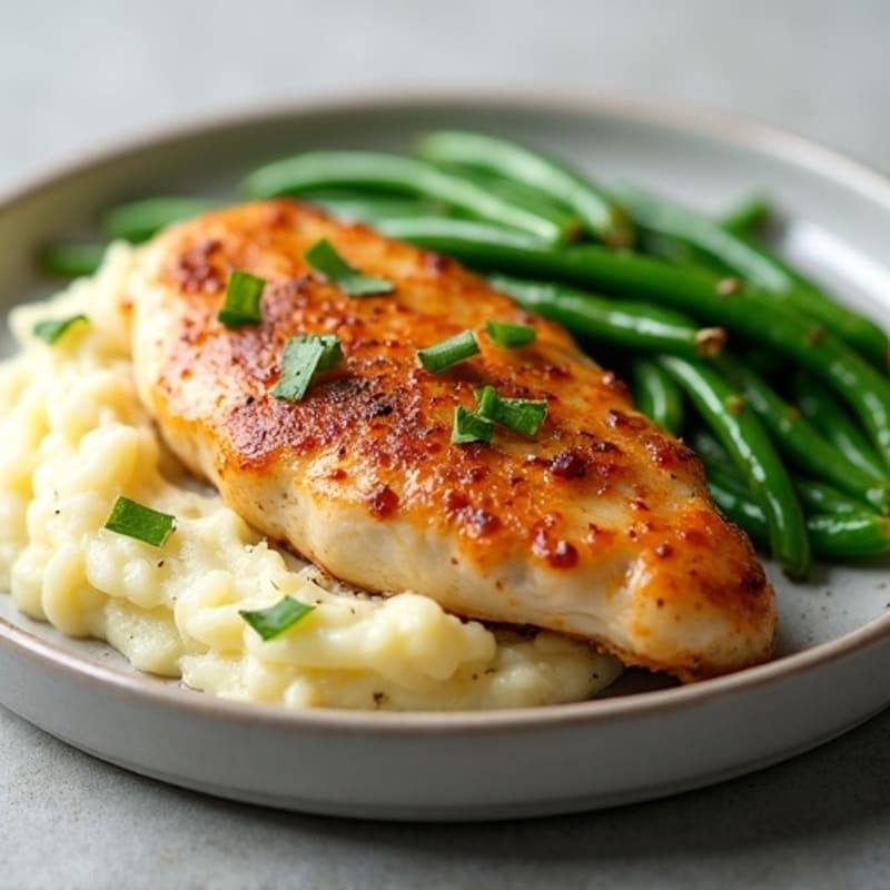 Pan-Seared Chicken with Creamy Garlic Mashed Potatoes and Crispy Green Beans