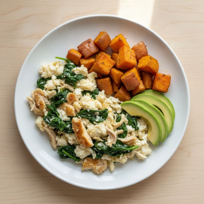 Chicken and Spinach Egg White Scramble with Roasted Sweet Potatoes