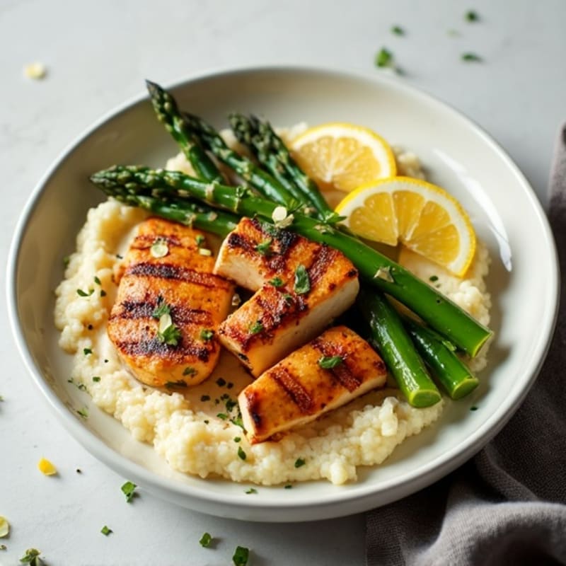 Grilled Tempeh with Steamed Asparagus and Cauliflower Mash