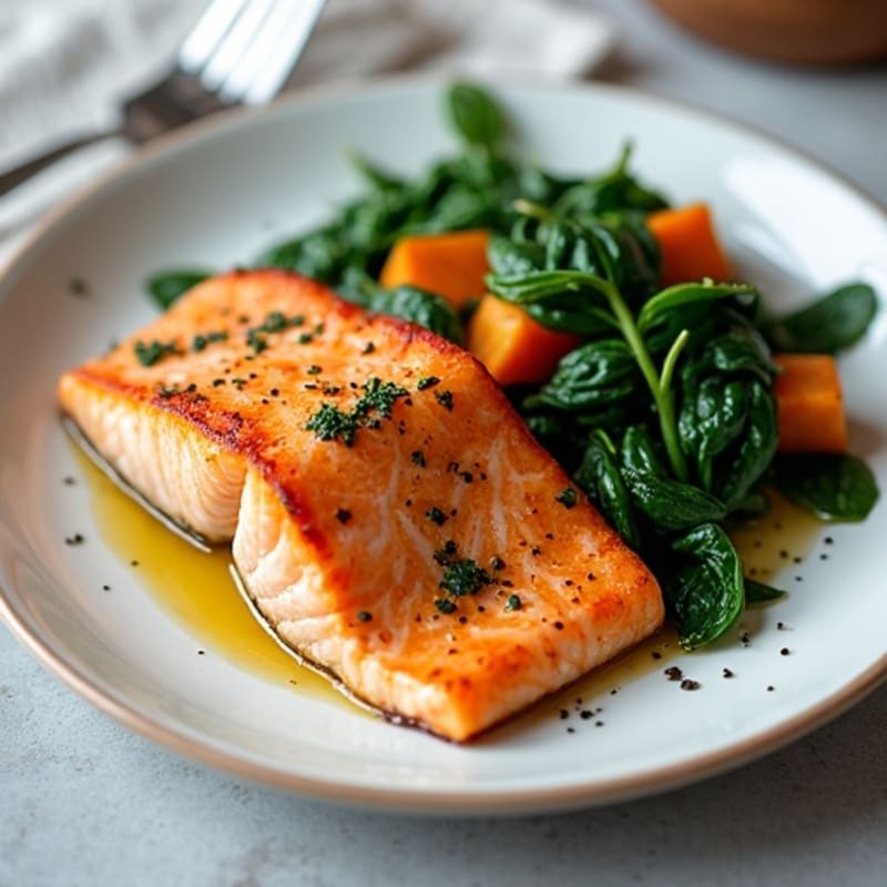 Seared Salmon with Roasted Sweet Potatoes and Sautéed Spinach