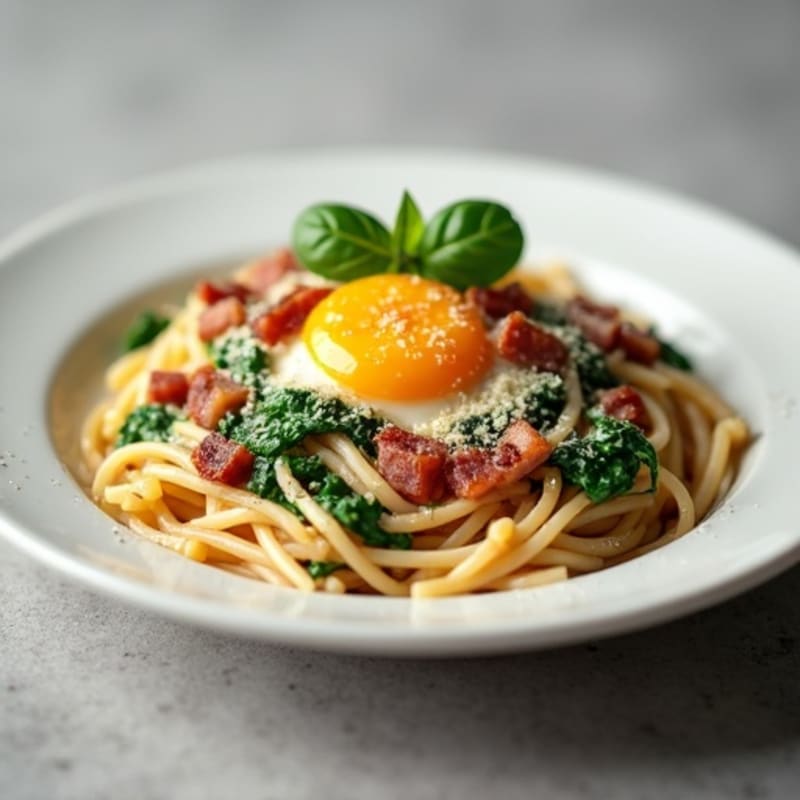 Creamy Lean Bacon and Spinach Whole Wheat Pasta Carbonara