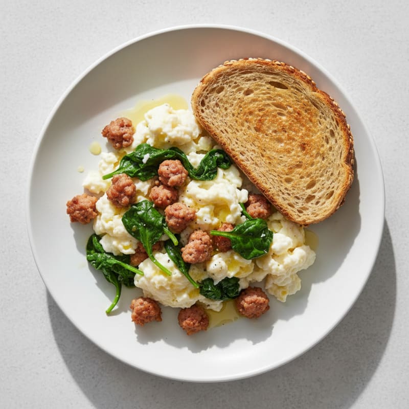 Egg White Scramble with Turkey Sausage and Sautéed Spinach