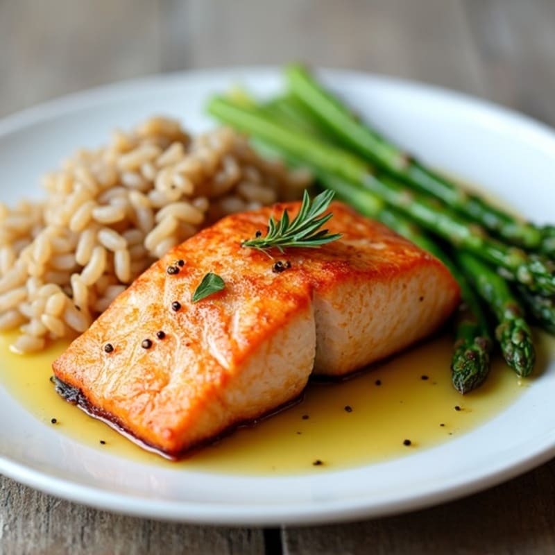 Pan Seared Salmon with Steamed Asparagus and Brown Rice