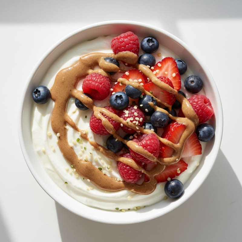 Greek Yogurt Protein Parfait with Mixed Berries and Almond Butter