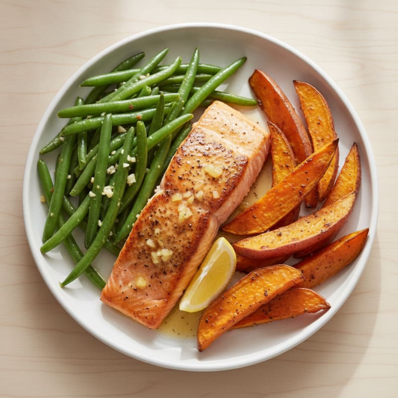 Seared Salmon with Garlic Green Beans and Roasted Sweet Potatoes