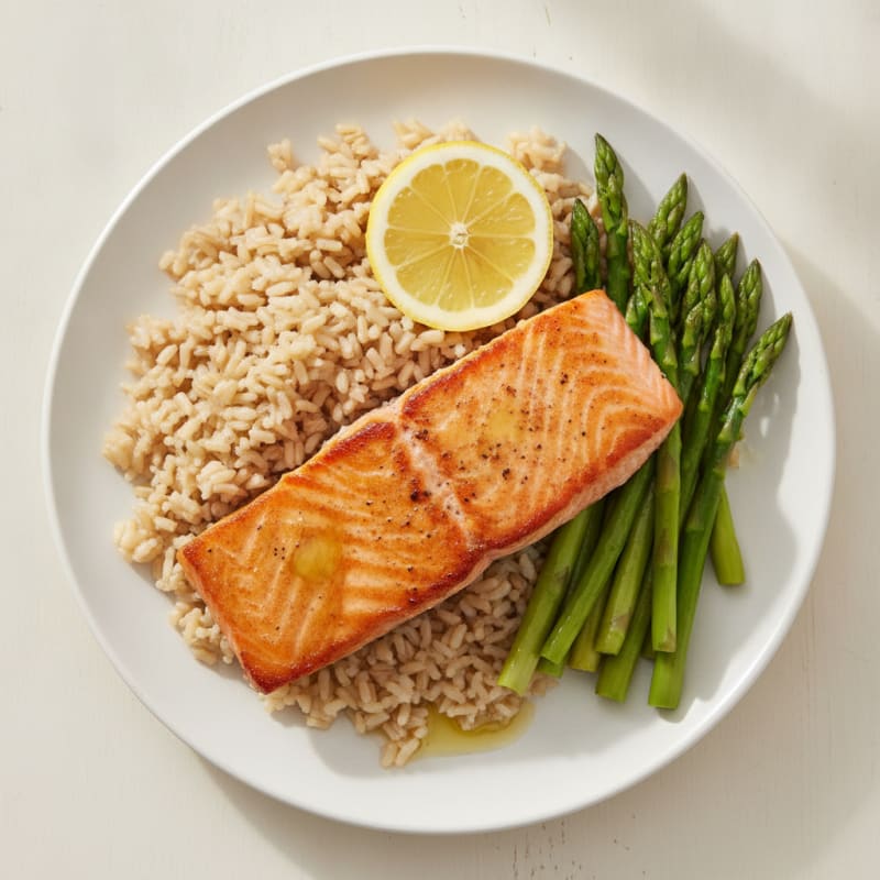 Seared Salmon Fillet with Steamed Asparagus and Brown Rice