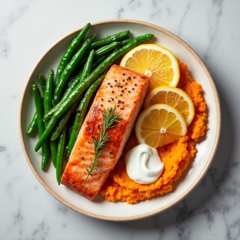 Seared Salmon with Garlic Green Beans and Sweet Potato Mash