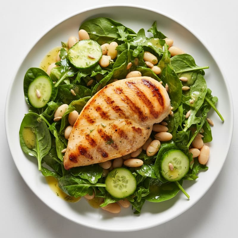Grilled Chicken Breast with Crunchy Mixed Greens and White Beans