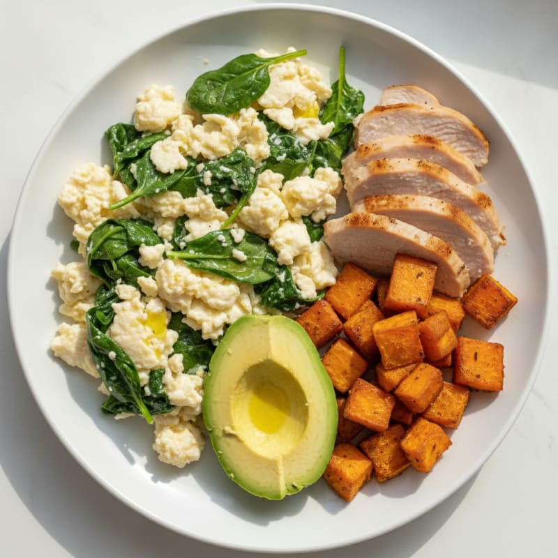 Egg White Spinach Scramble with Sliced Turkey Breast
