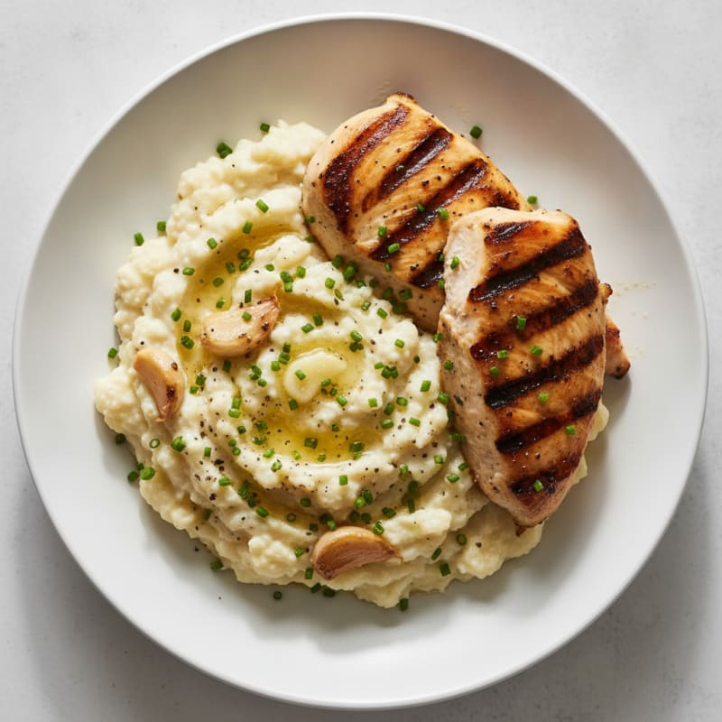 Roasted Garlic Cauliflower Mash with Grilled Chicken