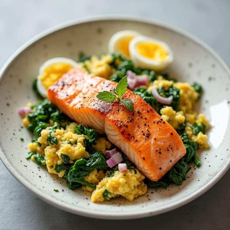 Seared Salmon and Spinach Egg Scramble
