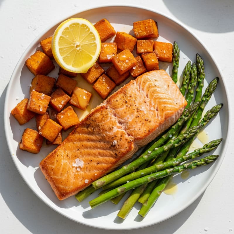 Seared Salmon Filet with Roasted Sweet Potato and Asparagus