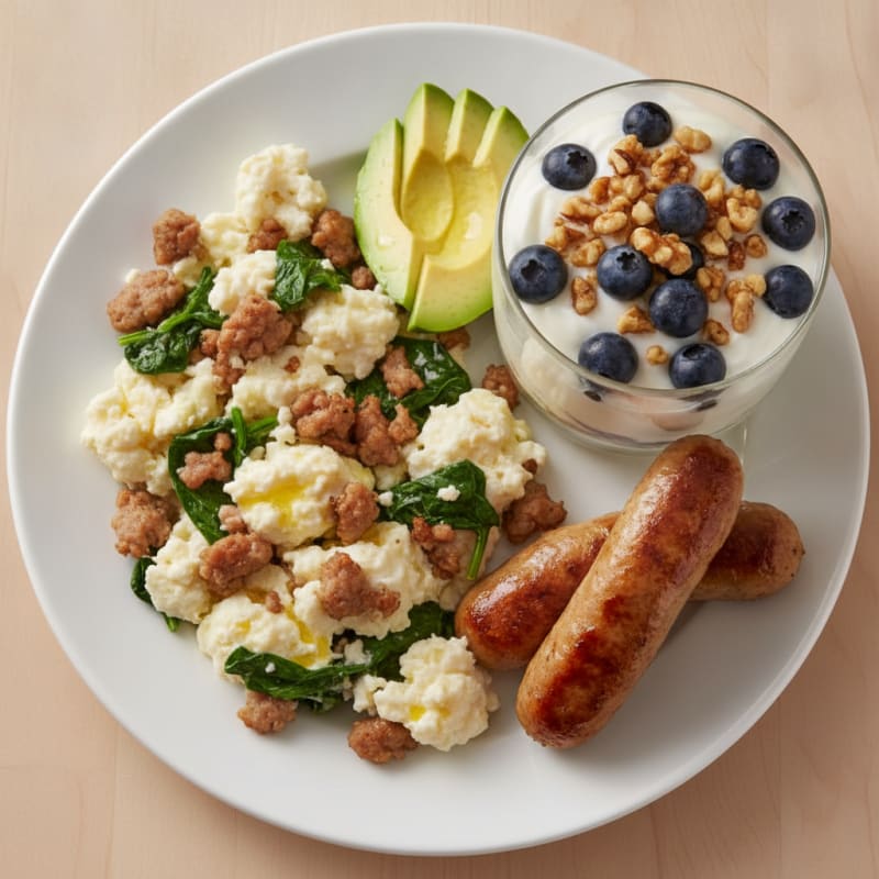 Egg White Scramble with Turkey Sausage and Greek Yogurt Parfait