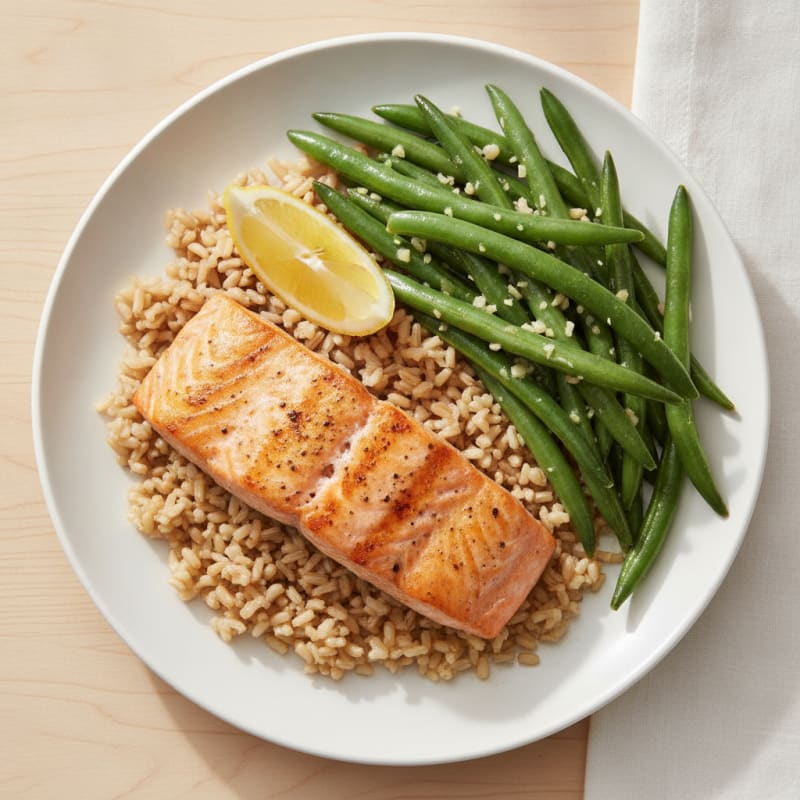 Seared Salmon with Garlic Green Beans and Brown Rice