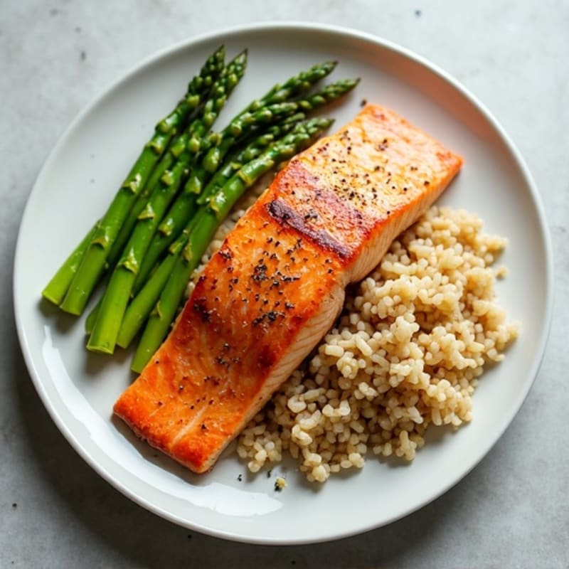 Seared Salmon with Steamed Asparagus and Brown Rice
