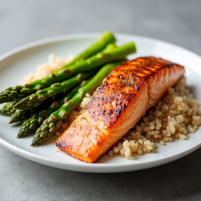 Seared Salmon Fillet with Steamed Asparagus and Brown Rice