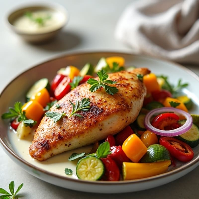 Spiced Roasted Chicken with Fresh Vegetables and Creamy Garlic Sauce