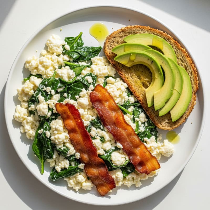 Cottage Cheese Scramble with Spinach and Turkey Bacon