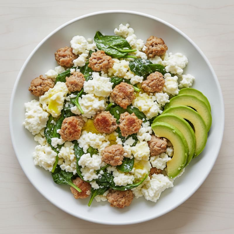 Egg White and Turkey Sausage Scramble with Cottage Cheese and Spinach