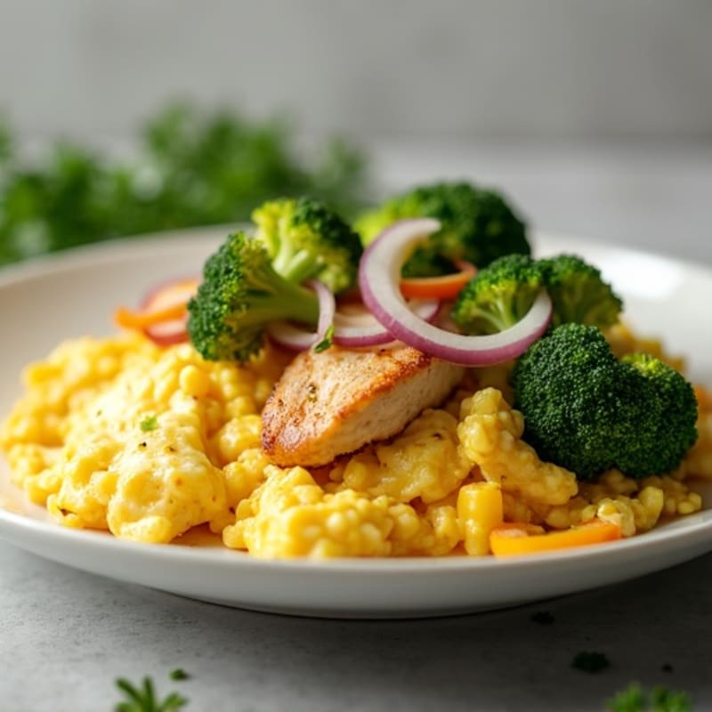 Scrambled Eggs with Chicken and Sautéed Broccoli
