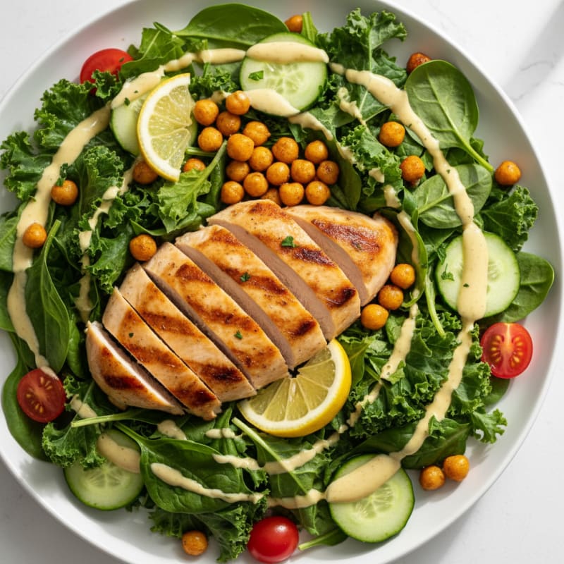 Grilled Chicken Breast Salad with Roasted Chickpeas and Lemon Tahini Dressing