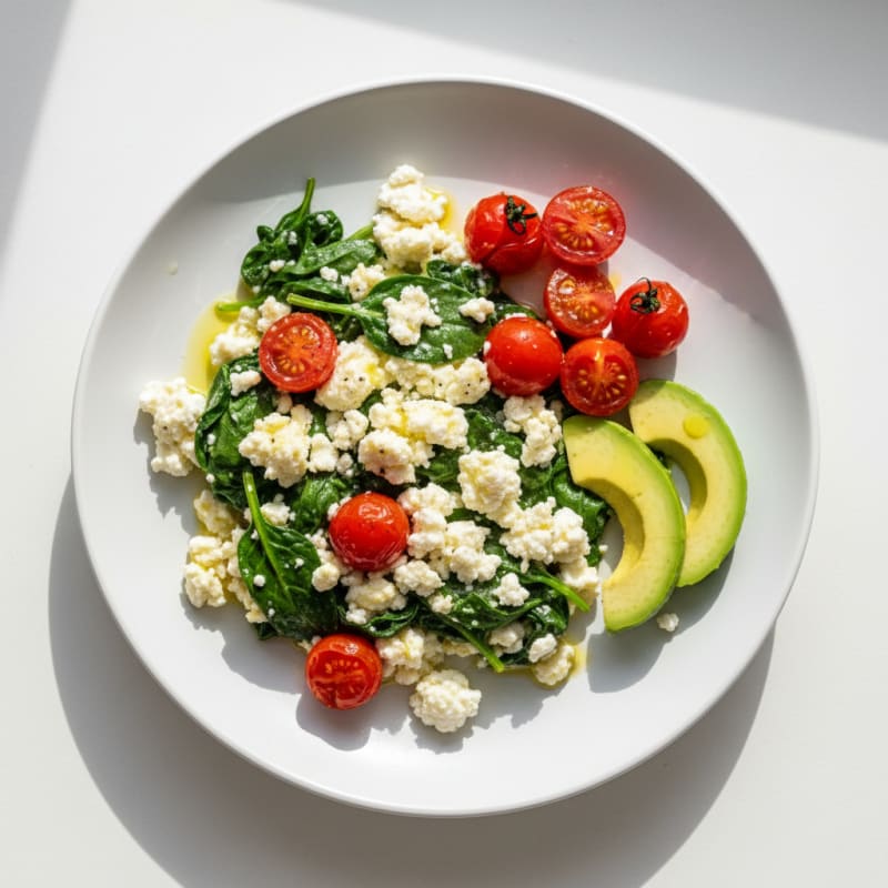 Egg White and Spinach Scramble with Cottage Cheese and Cherry Tomatoes