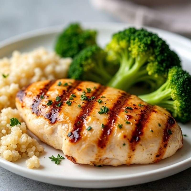Grilled Lemon-Garlic Chicken Breast with Quinoa and Steamed Broccoli