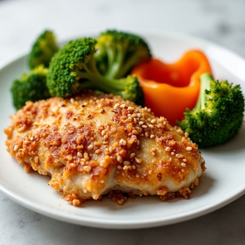 Crispy Sesame Chicken with Roasted Broccoli and Bell Peppers