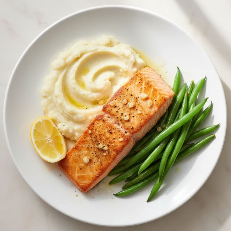 Seared Salmon with Steamed Green Beans and Garlic Mashed Cauliflower