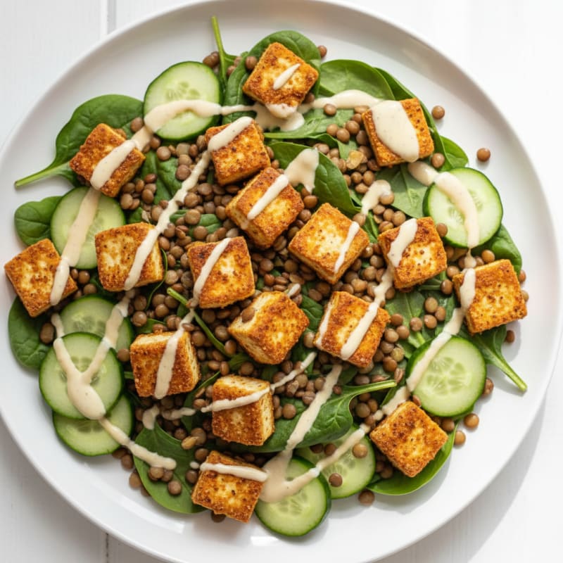 Crispy Tofu and Lentil Power Salad with Lemon-Tahini Dressing