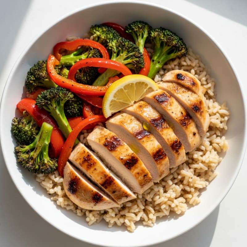 Grilled Chicken Rice Bowl with Roasted Broccoli and Bell Peppers