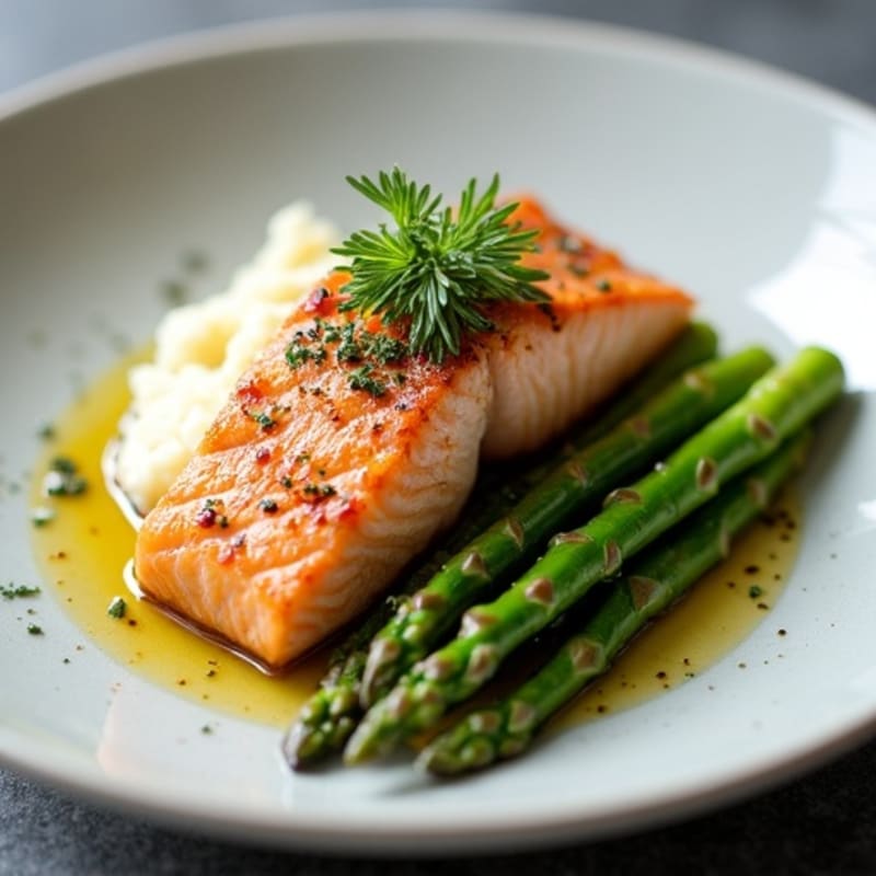 Seared Salmon with Steamed Asparagus and Cauliflower Mash