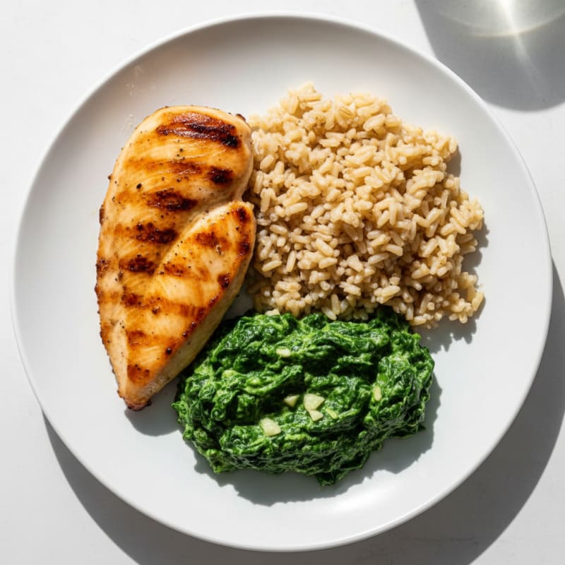 Grilled Chicken Breast with Creamy Greek Yogurt Spinach and Brown Rice