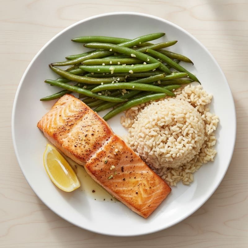 Seared Salmon Fillet with Garlic Green Beans and Brown Rice