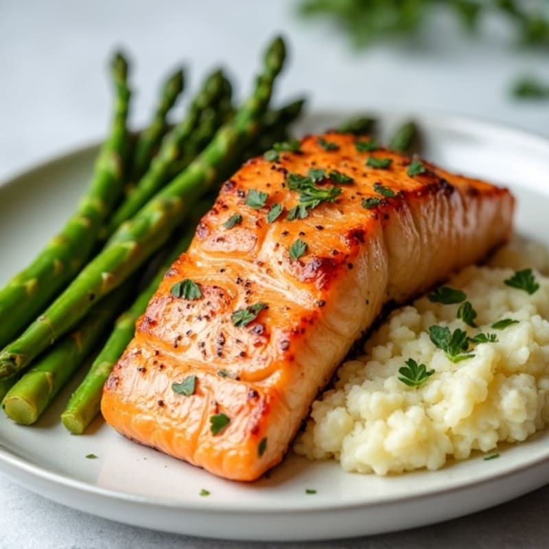 Seared Salmon with Steamed Asparagus and Garlic Cauliflower Mash